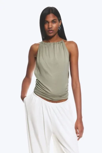 Sleeveless Gathered Halter Top – Dusty Khaki Green