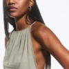 Sleeveless Gathered Halter Top – Dusty Khaki Green