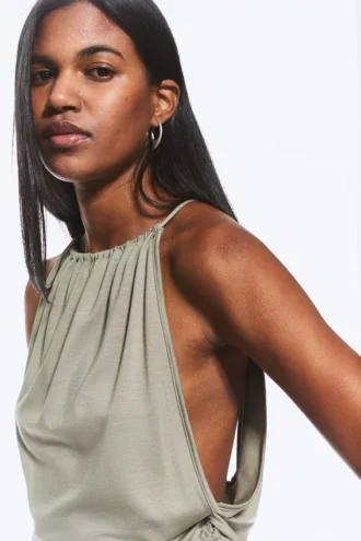 Sleeveless Gathered Halter Top – Dusty Khaki Green