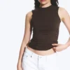 Sleeveless Gathered Jersey Top – Dark Brown