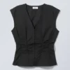 Sleeveless Gathered Poplin Top – Black