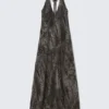 Sleeveless Halterneck Maxi Dress – Dark Grey – Crinkle Print