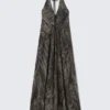 Sleeveless Halterneck Maxi Dress – Dark Grey – Crinkle Print