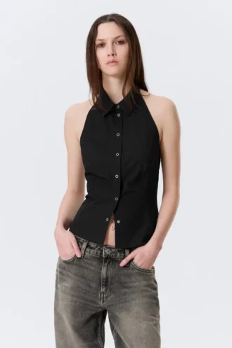 Sleeveless Halterneck Shirt Top – Black