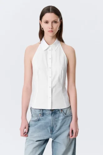 Sleeveless Halterneck Shirt Top – White