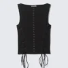 Sleeveless Lacing Boat-Neck Eyelet Top – Black