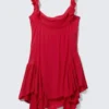 Sleeveless Square-Neck Mini Dress – Bright Red