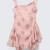 Sleeveless Square-Neck Mini Dress – Pink – Floral