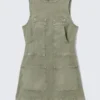 Sleeveless Utility Cotton Twill Dress – Khaki Green