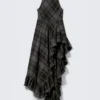 Sleevless Asymmetric Ruffled Maxi Dress – Dark Grey Check