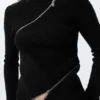 Slim Asymmetric Zip Knit Sweater – Black