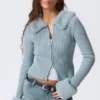 Slim Faux Fur Trim Zip Cardigan – Light Dusty Blue