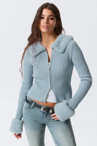 Slim Faux Fur Trim Zip Cardigan – Light Dusty Blue