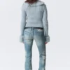 Slim Faux Fur Trim Zip Cardigan – Light Dusty Blue