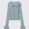Slim Faux Fur Trim Zip Cardigan – Light Dusty Blue