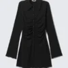 Slim Fit Gathered Long-Sleeve Dress – Black