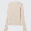 Slim Fit Long-Sleeved Mock-Neck Top – Beige