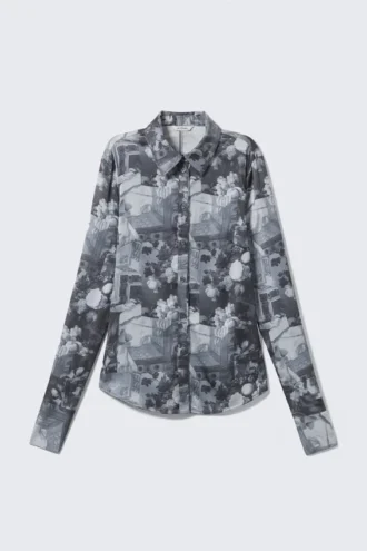 Slim Fit Printed Button-Up Shirt – Dark Grey – Floral Collage
