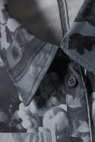 Slim Fit Printed Button-Up Shirt – Dark Grey – Floral Collage