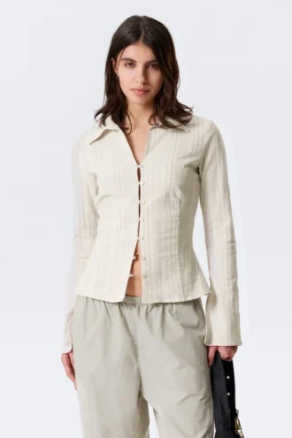 Slim Fit Textured Blouse – Light Beige