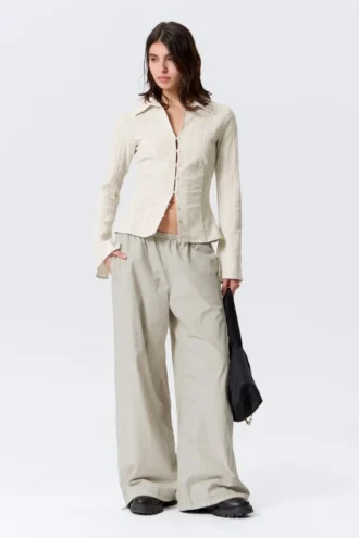 Slim Fit Textured Blouse – Light Beige