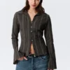 Slim Fit Textured Blouse – Striped Dark Grey
