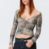Slim Gathered Long-Sleeved Mesh Cardigan – Beige/Grey – Snakeskin Print