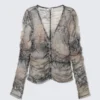 Slim Gathered Long-Sleeved Mesh Cardigan – Beige/Grey – Snakeskin Print