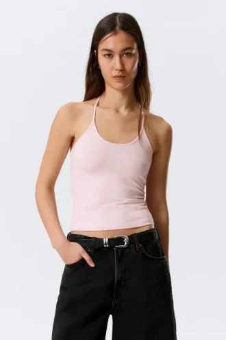 Slim Halterneck Cotton Top – Light Pink