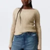 Slim Knitted Boat-Neck Sweater – Beige