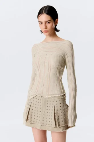 Slim Knitted Boat-Neck Sweater – Beige