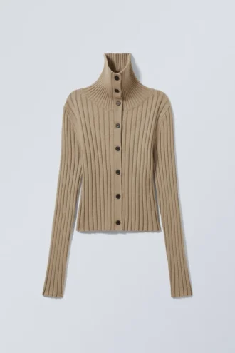 Slim Knitted Turtleneck Cardigan – Dusty Beige