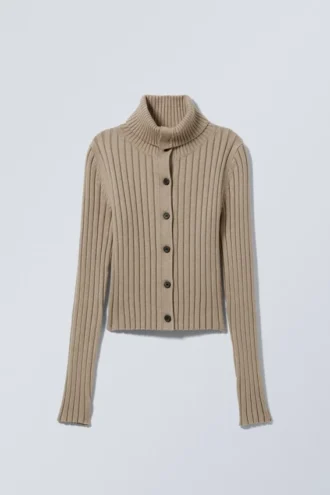 Slim Knitted Turtleneck Cardigan – Dusty Beige