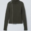 Slim Knitted Zip Cardigan – Dark Khaki Green