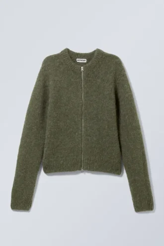Slim Knitted Zip Cardigan – Dark Khaki Green