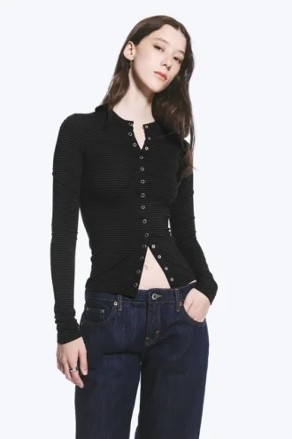 Slim Long-Sleeved Buttoned Cardigan – Striped Dark Grey