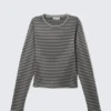 Slim Long-Sleeved Cotton Top – Black & Grey Stripes