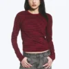 Slim Long-Sleeved Cotton Top – Striped Dark Red
