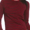 Slim Long-Sleeved Cotton Top – Striped Dark Red