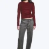 Slim Long-Sleeved Cotton Top – Striped Dark Red