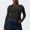 Slim Long-Sleeved Henley Top – Black & Grey Stripes