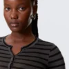 Slim Long-Sleeved Henley Top – Black & Grey Stripes