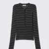 Slim Long-Sleeved Henley Top – Black & Grey Stripes