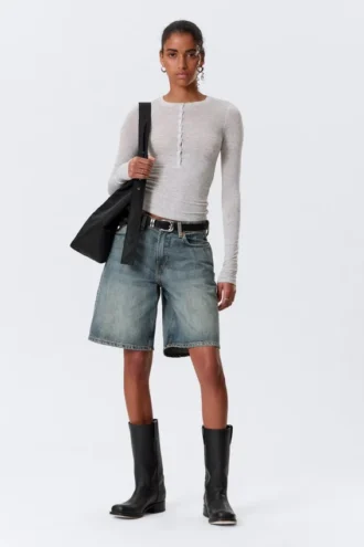 Slim Long-Sleeved Henley Top – Grey Melange