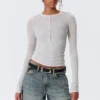 Slim Long-Sleeved Henley Top – Grey Melange