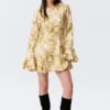 Slim Long-Sleeved Mini Flounce Dress – Yellow Floral Print