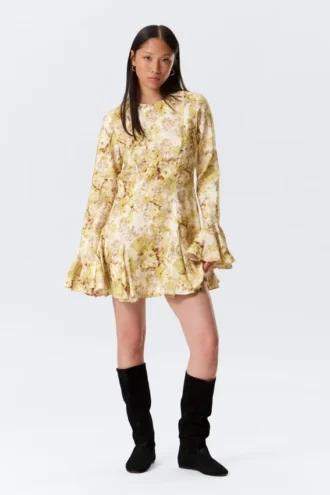 Slim Long-Sleeved Mini Flounce Dress – Yellow Floral Print