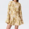 Slim Long-Sleeved Mini Flounce Dress – Yellow Floral Print