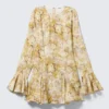 Slim Long-Sleeved Mini Flounce Dress – Yellow Floral Print
