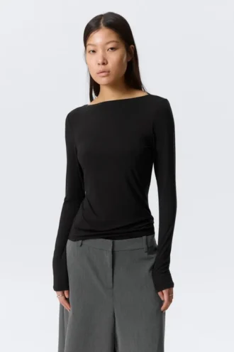 Slim Long-Sleeved Open Back Top – Black